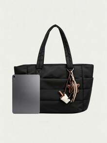 Women's Large Capacity Tote Bag, Horizontal Quilted Padded Grid Texture Stitching Decor, Nylon Fabric Material, Reinforced Extended Handle Strap, Open Design, Casual Style, Suitable For School, Work, Travel, Shopping, Commuting, Multi-Functional Daily Shoulder Bag - Black - View 3