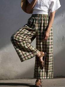 Celana Panjang Wanita Motif Kotak-kotak Tenun dengan Kaki Lebar dan Saku, Celana Panjang Kasual Longgar, Cocok untuk Musim Gugur - MultiWarna - View 7