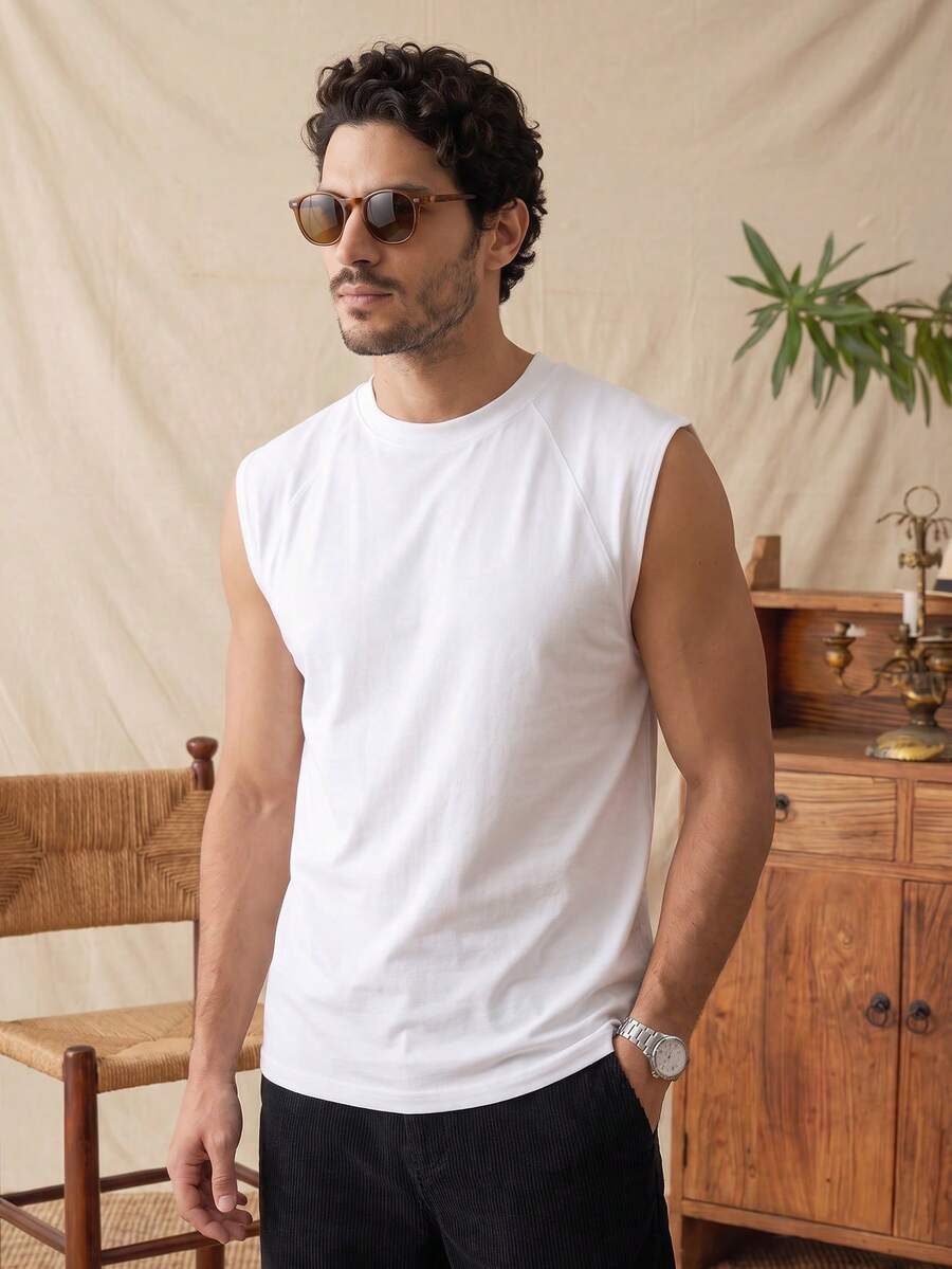 glestore ملابس علوية بدون أكمام رجالي بأسلوب عتيق بلون موحد: تصميم بسيط ومتعدد الاستخدامات مثالي للارتداء اليومي والرياضة والعطلات - أبيض - مشاهدة 1