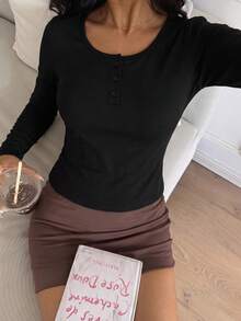 Women's Casual Slim Fit Fleece Long Sleeve Button Top, Round Neck, Soft Warm Black Tee, Fall Winter Daily Wear, Layering Shirt - Black - View 6