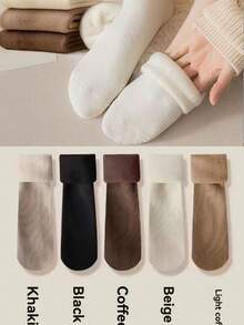 5 Pairs Comfortable Wool Winter Socks, Thick And Warm, Soft Texture, Earth Tone Design, Made Of Polyester And Nylon, Knitted Fabric, Solid Color Style, Suitable For Cold Weather/Yoga/Sleep Scenes, Showcasing Fashionable Women's Charm - Multicolor - View 9