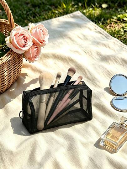 Black Mesh Cosmetic Bag Set 3‑Size S/M/L, Portable Travel Makeup Organizer Pouch, Transparent Visible Toiletry Storage Bag For Women