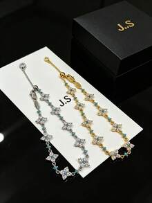 1pc Elegant Clover Charm Bracelet For Women, Turquoise Inlaid Cubic Zirconia Stainless Steel Adjustable Hand Jewelry For Daily Party Wear - Multicolor - View 2