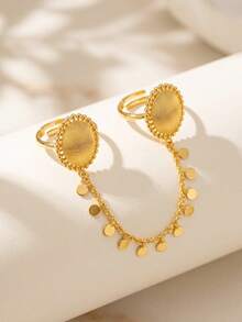 24K Gold Plated Double Chain Set, Rust-Resistant Gold Alternative Round Disc Beaded Pendant Coin Pendant Open Ring Fine Jewelry - Oval - View 5