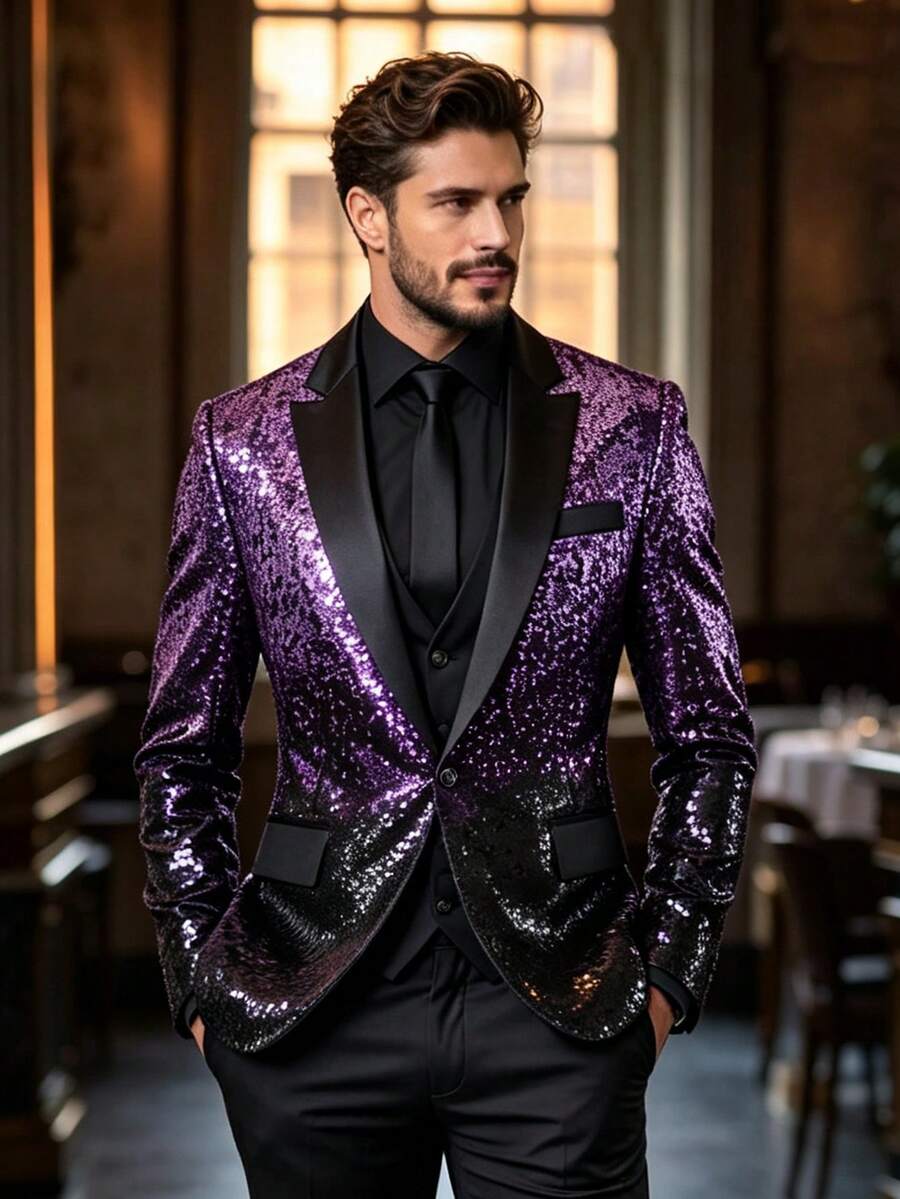Men's Sequin Fashion Versatile Commute & Travel Blazer - Purple - View 1