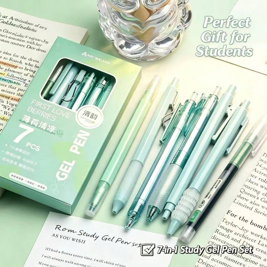 7pcs Aesthetic Style Gel Pen Set, Highly Attractive Retractable Gel Pens, Quick-Dry Black Carbon Ink ST Tip Waterproof Smooth Writing, Soft Grip Comfortable Signature Ballpoint Pens, Suitable For Students Note-Taking, Campus Office, Back To School Stationery - B - View 1