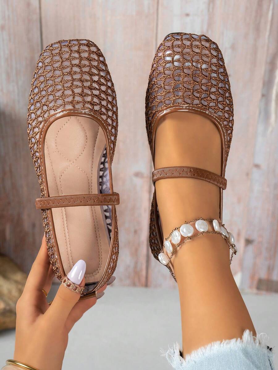 Square Toe Mesh Hollow Out Elastic Strap Mary Jane Flat Breathable Thin Ballet Style Shoes - Brown - View 1