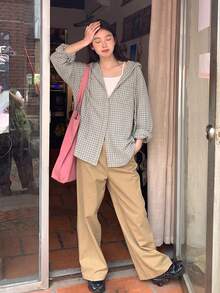 女款格紋連帽長袖單排扣休閒寬鬆百搭襯衫 - 米色 - 查看 6
