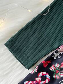 Young Girls Christmas Girls' Holiday Style Contrast Color Ruffle 2 In 1 Pinafore Dress, Autumn/Winter Long Sleeve Cute Bow Decor Round Neck Christmas Tree Santa Claus Gift Box Bow Candy Cane Bell Print A-Line Dress - Dark Green - View 8