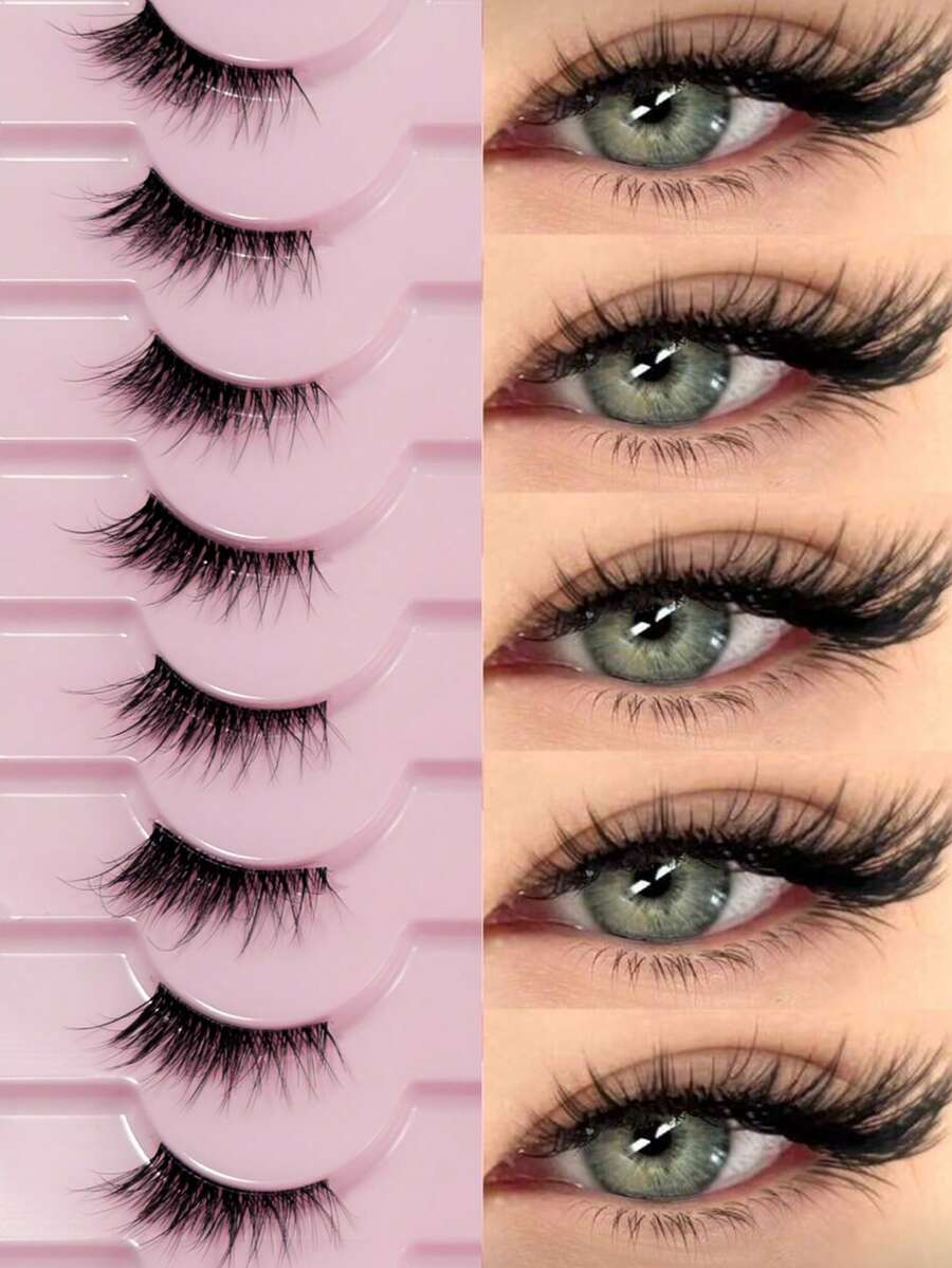 10 Pairs Half-Length False Eyelashes, Transparent Band, Cat Eye Style, Short Soft 3D Faux Mink Lashes, Natural Soft Makeup, Halloween - Black - View 1