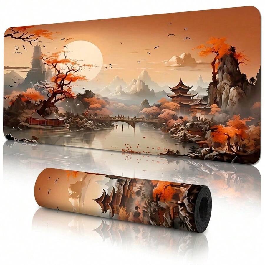 Traditional Chinese Landscape Painting Pattern Extra Long Gaming Mouse Pad & Desk Mat Set, Non-Slip Durable Rubber Base, Smooth Surface, Suitable For Computer Laptop Office Home, Abstract Art Decor, Back To School Supplies - A - View 1