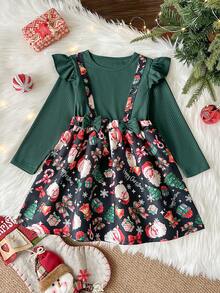 Young Girls Christmas Girls' Holiday Style Contrast Color Ruffle 2 In 1 Pinafore Dress, Autumn/Winter Long Sleeve Cute Bow Decor Round Neck Christmas Tree Santa Claus Gift Box Bow Candy Cane Bell Print A-Line Dress - Dark Green - View 2