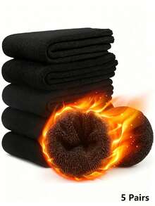 1/3/5 Pairs Mid-Calf Socks, Warm Lining, Couple Style, One Size, Black Color, Excellent Warmth - Terry Socks - View 4