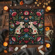 1pc Folk Art Dual Rabbit Tarot Cloth, Bohemian Floral Altar Mat, Vintage Divination Tablecloth, Mystic Spiritual Home Decor Tapestry - Black - View 4