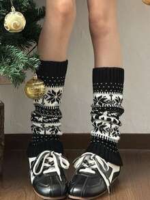 1 Pair Random Women Fair Isle Knit Leg Warmers, Christmas Snowflake Reindeer Pattern Fall Winter Warm Leg Covers - Multicolor - View 3
