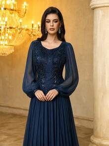 SUPGIR Women's Sweetheart Neckline Sequin Patchwork Lantern Sleeve Fitted Faux Silk Elegant Evening Gown - Navy Blue - View 3