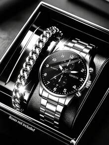 2pcs/Set Men's Fashion Stainless Steel Quartz Watch And Bracelet, Suitable For Party And Formal Occasions, Perfect Holiday Gift - Silver - View 9