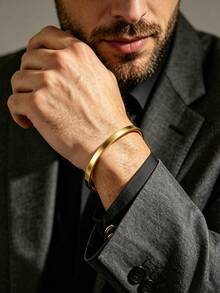 1PC Men's Fashion Stainless Steel 6MM Wide Open Cuff Bracelet, Casual Style, Non-Fading, Hypoallergenic - Yellow Gold - View 4