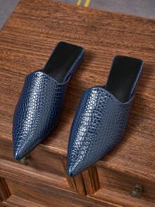 Women's French Vintage Navy Blue Pointed Toe Slingback Mule Shoes, Elegant Chunky Low Heel Sandals, Suitable For Daily Wear, Dating And Office Commute - Navy Blue - View 1