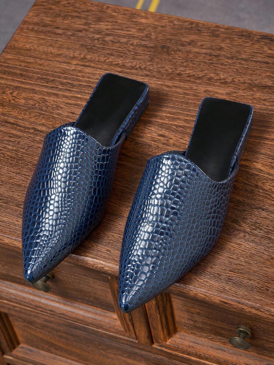 Women's French Vintage Navy Blue Pointed Toe Slingback Mule Shoes, Elegant Chunky Low Heel Sandals, Suitable For Daily Wear, Dating And Office Commute - Navy Blue - View 1
