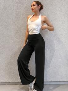 Women's Casual Wide Leg Yoga Pants, High Waist, Peach Butt Lift, Tummy Control, Leg Lengthening, Versatile Solid Color, Suitable For Yoga, Running, Workout, Daily Casual, Commuting, Fashionable Outfit - Black - View 8