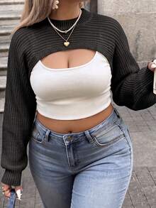 Plus Size Women's Cropped Asymmetrical Hem Solid Color Ribbed Knit Pullover Sweater - Black - View 1