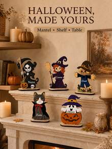 Personalized Name Halloween Standing Decor, Custom Desktop Ornament With Ghost, Witch, Pumpkin, Cat, Scarecrow And Grim Reaper Characters, Bookshelf Fireplace Mantel Decoration, Halloween Party Tabletop Display, Suitable For Home, Friends And Halloween Enthusiasts Home Decor - Multicolor - View 3