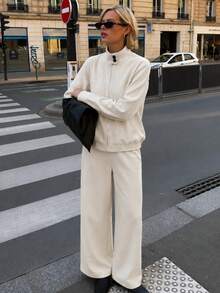 Women's Casual Cream Color 2 Pieces Set, Autumn/Winter Wool Fabric, Includes Zipper Jacket And Wide Leg Pants, Vintage Daily Outfit Set, With Pockets - Apricot - View 5