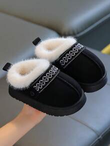 Children's Indoor Slippers, Simple Design, Girls/Boys Non-Slip Warm Fuzzy, Soft Sole Comfortable - Black - View 6