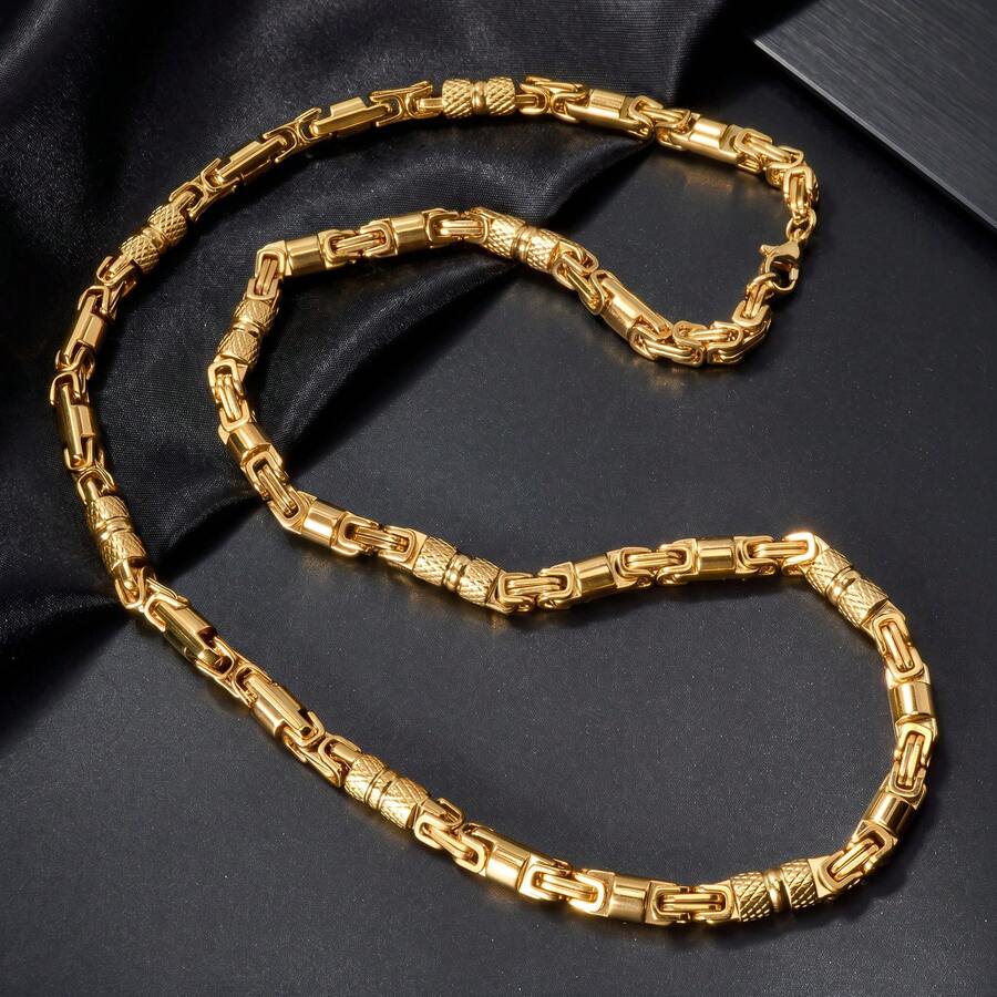 Personalized 18K Gold Plated Stainless Steel Byzantine Chain Necklace, Textured Rectangular Link Men's Hip Hop Street Style Jewelry - Gold - View 1