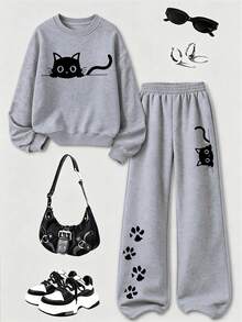 2pcs Set Suitable For Girls Big Tween Girl, Round Neck Sweatshirt With Cute Cat Print + Wide Leg Pants Matching Set, Perfect For Autumn/Winter Daily Wear - Multicolor - View 2
