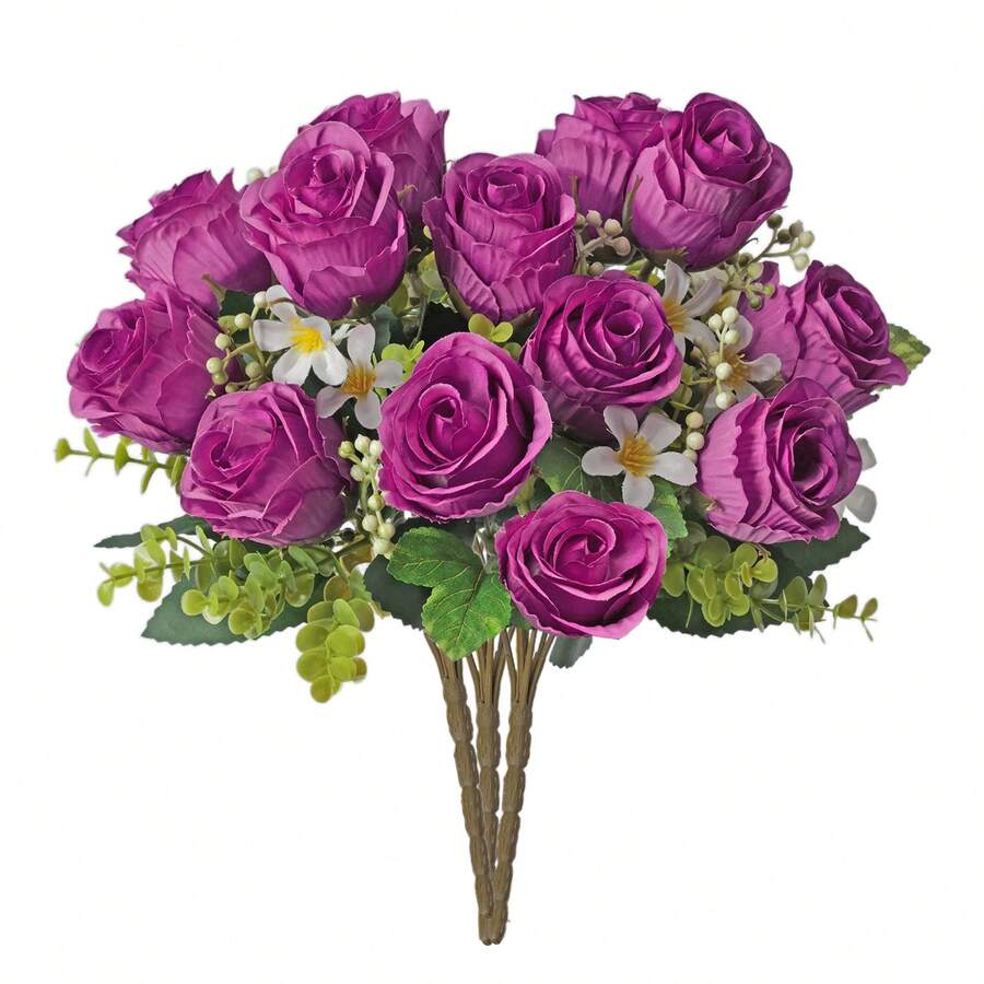1pc Artificial Rose Bouquet, Suitable For Home Decor, Kitchen Decor, Autumn Decor, Outdoor Decor, Tabletop Decor, Wedding Decor, Artificial Plants, Women's Gifts, Back To School - Purple - View 1