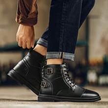 Men's High Gloss Pure Black Thick Sole Height Increasing Boots, Oxford Boots And Dress Boots - Black - View 6