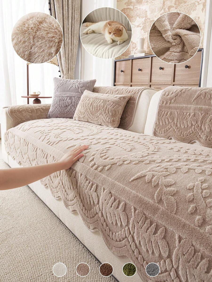 1 Piece Faux Rabbit Fur Plush Embossed Jacquard Sofa Cushion, Non‑Slip Wear‑Resistant Scalloped Edge Sofa Protector Mat, Pet‑Friendly Sofa Slip Pad For Home Living Room - Khaki - View 1