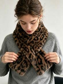 1pc Women's Vintage Warm Knitted Knitted Button Neck Warmer, Fashion Versatile Split Neck Scarf, Leopard Print Cold-Proof Neck Protector Shawl, Autumn/Winter - Leopard - View 5