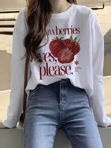 American Vintage Strawberry Print Fitted Long Sleeve Crew Neck Design Early Autumn Brightening Slimming Gentle Style Base Layer Top - White - View 1