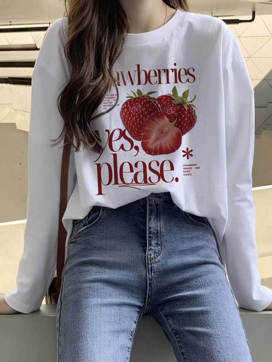 American Vintage Strawberry Print Fitted Long Sleeve Crew Neck Design Early Autumn Brightening Slimming Gentle Style Base Layer Top - White - View 1