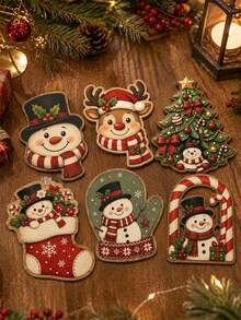 6-Piece Christmas Coaster Set (Snowman & Reindeer)–Irregular Wooden Cartoon Coasters Featuring Christmas Tree, Stocking, Mitten, Candy Cane, And Door Designs; Christmas Gifts,Suitable For Home Kitchens, Dining Areas, Holiday Parties, And Winter Decor - Multicolor - View 2
