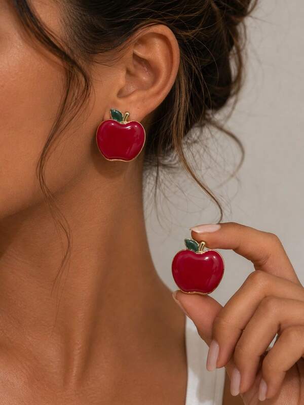 1 Pair Cute Red Apple Enamel Stud Earrings, Stainless Steel Fruit Earrings For Women, Christmas Party, Holiday Gift, Daily Wear