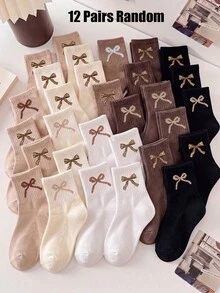 12/6 Pairs Random Leopard Print Bow Mid-Calf Socks, Elastic Socks, Brown Tone, Neutral Color, Girls Halloween Back To School Autumn Socks - Multicolor - View 15