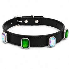 1pc Leather Pet Collar, Luxury Emerald & AB Rhinestone Cat Dog Collar, Adjustable Buckle Shiny Neck Collar, Suitable For Small And Medium Pets Party Photo Decoration - Multicolor - View 8