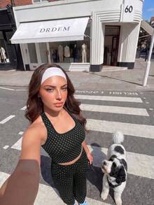 Women's 2 Pieces Set: Polka Dot Halter Top & Flare Pants, Slim Fit Y2K Style Casual Sports Outfit, Suitable For Girls - Black and White - View 6
