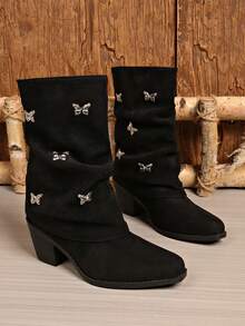 Black Butterfly Rhinestone Chunky Heel Mid-Calf Boots, Women's Pointed Toe Autumn/Winter Vintage Ruched Western Cowboy Boots - Black - View 2