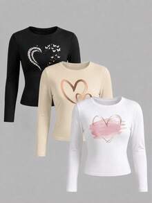 3pcs/Set Women's Casual Long Sleeve Fitted Round Neck T-Shirts - Printed Pattern, Comfortable & Soft Fabric, Machine Washable, Autumn Tops - Multicolor - View 1