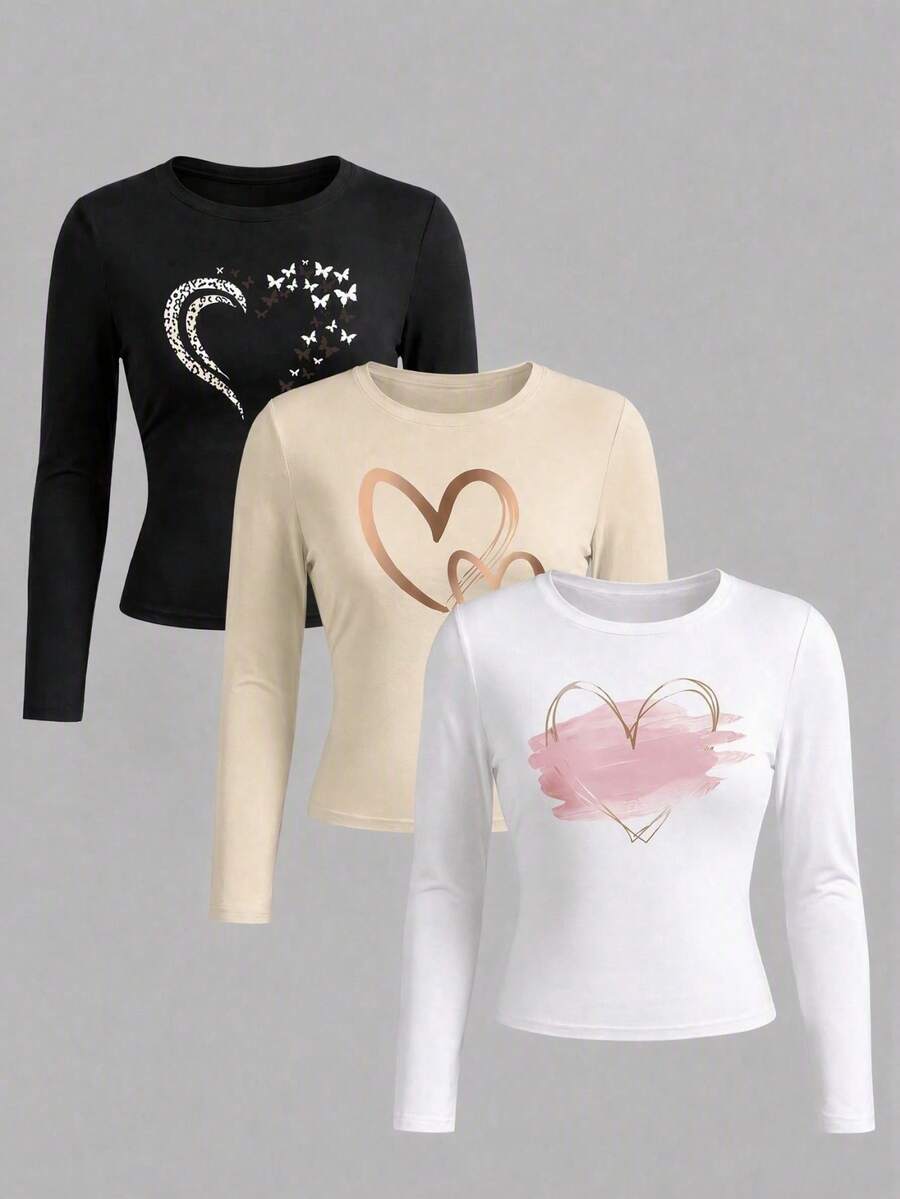 3pcs/Set Women's Casual Long Sleeve Fitted Round Neck T-Shirts - Printed Pattern, Comfortable & Soft Fabric, Machine Washable, Autumn Tops - Multicolor - View 1