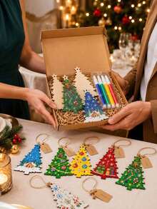 12pcs Wooden Christmas Tree Decorations, DIY Blank Wooden Hanging Ornaments, Suitable For Christmas Tree Handmade Crafts And Winter Party Decor (Beige Christmas Tree) - Multicolor - View 3