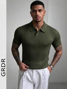 GRDR 男士夏季纯色 Polo 领短袖针织衫，适合夏季外出穿着，时尚造型必备单品 - 軍綠色 - 查看 2