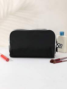 1pcs Women's Black Contrast Piping Makeup Bag With Checkerboard Handle, Large Capacity Cosmetic Organizer - View 3