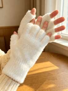 1 Pair Solid Color Casual Cute Party Polyester Jacquard Fuzzy Soft Knit Half Finger Gloves, Suitable For Spring, Autumn, Winter, School, Study, Outdoor Use - White - View 7