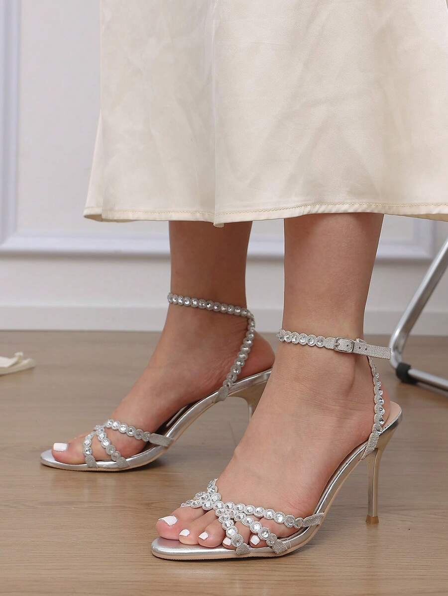 Silver Crystal Rhinestone Strappy Stiletto Heel Women's Sandals, Ankle Strap Round Toe High Heels, Elegant Wedding Guest Dress Shoes - Silver - View 1